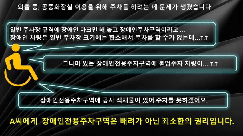 외출 중, 공중화장실 이용을 위해 주차를 하려는데 문제가 생겼습니다. 일반 주차장 규격에 장애인 마크만 해놓고 장애인주차구역이라고.. 장애인 차량은 일반 주차장 크기에는 협소해서 주차를 할 수 없는데 그나마 있는 장애인전용주차구역에 불법주차 차량이.. 자애인 전용주차구역에 공사 적재물이 있어 주차를 못하겠어요. A씨에게 장애인전용주차구역은 배려가 아닌 최소한의 권리입니다.