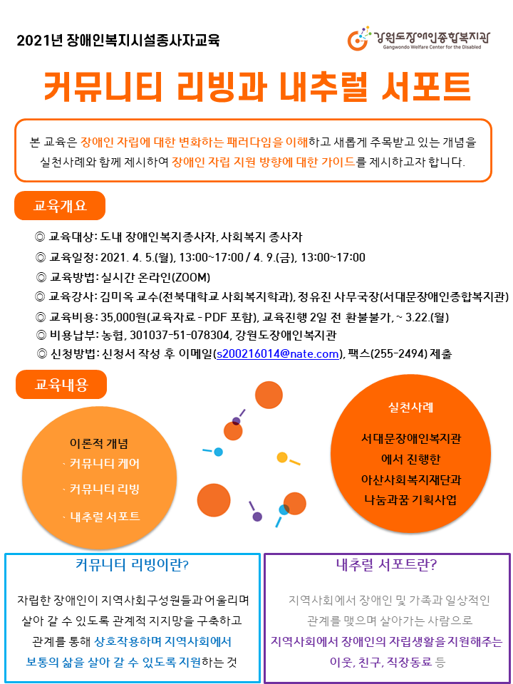 f3bc7b57c778ef8621d1d90d27306598_1610935543_1322.png 우리복지관에서는 강원도 내 장애인복지시설종사자의 역량을 강화하기 위해 2021년 장애인복지시설종사자 교육을 진행한다. 2021년 3번째 교육과정으로 커뮤니티 리빙과 내추럴 서포트를 주제로 아래와 같이 진행한다. 주제 커뮤니티 리빙과 내추럴 서포트 일시 2021년 4월 5일 월요일 4월 9일 금요일 13시부터 17시 총4시간 강사 김미옥 교수(전북대학교 사회복지학과, 정유진 사무국장(서대문장애인종합복지관) 대상 장애인복지 종사자 사회복지 종사자 교육내용 이론적 개념 커뮤니티 케어, 커뮤니티 리빙, 내추럴 서포트과 실천사례 진행방법실시간 온라인ZOOM 교육비 35,000원 교육자료 포함-PDF 교육진행 2일 전부터 환불 불가) 신청서류 신청서 개인정보수집및이용동의서 우리복지관 홈페이지다운 신청방법 팩스255-2494 이메일s200216014@nate.com선착순 마감 입금계좌 301037-51-078304 농협 강원도장애인복지관 문의 강원도장애인종합복지관 박별임 사회복지사 070-7728-4764 커뮤니티 리빙이란 자립한 장애인이 지역사회 구성원들과 어울리며 살아갈 수 있도록 관계적지지망을 구축하고 관계를 통해 상호작용하며 지역사회에서 보통의 삶을 살아갈 수 있도록 지원하는 것을 말하며, 내추럴 서포트란 지역사회에서 장애인 및 가족과 일상적인 관계를 맺으며 살아가는 사람으로 지역사회에서 장애인의 자립생활을 지원해주는 이웃 친구 직장동료 등을 말한다